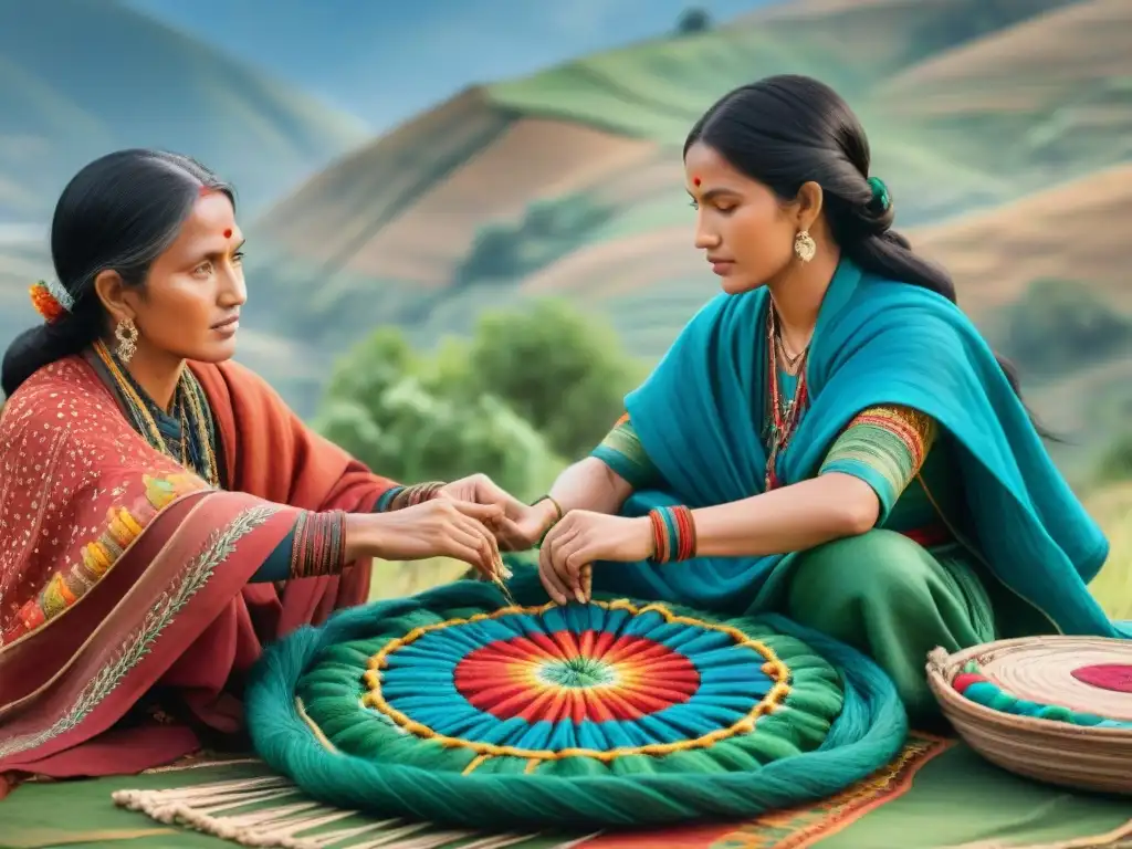 Grupo de mujeres Amuzga tejiendo historias con hilos ancestrales en telares tradicionales, rodeadas de naturaleza exuberante y cielo azul