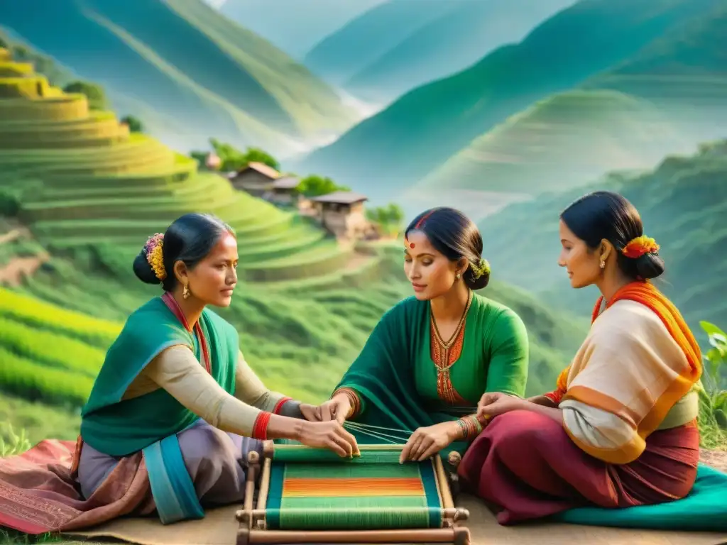 Un grupo de mujeres Amuzga tejen historias con hilos ancestrales, rodeadas de montañas verdes y aves coloridas bajo el sol cálido