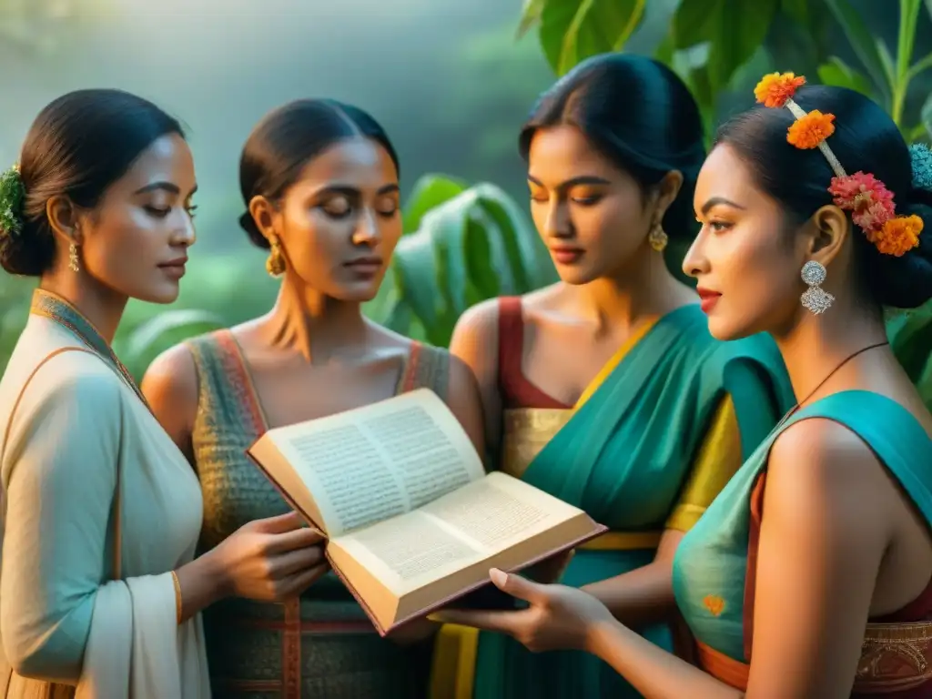 Un grupo de mujeres diversas de culturas antiguas se reúnen alrededor de un libro, con vestimentas tradicionales y colores vibrantes