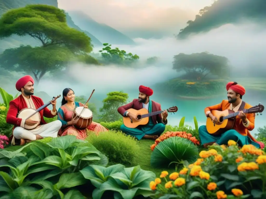 Grupo multicultural de músicos tocando juntos en armonía, rodeados de naturaleza y flores