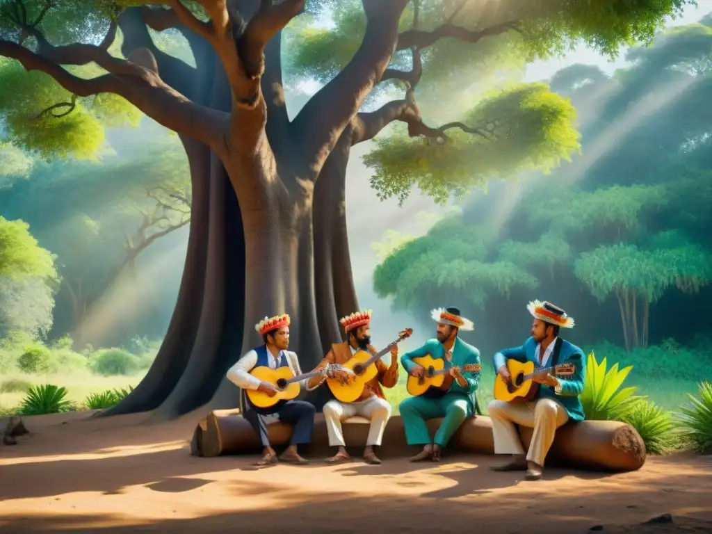 Grupo de músicos Huastecos tocando bajo un ceiba en la selva, riqueza cultural lenguas mundo