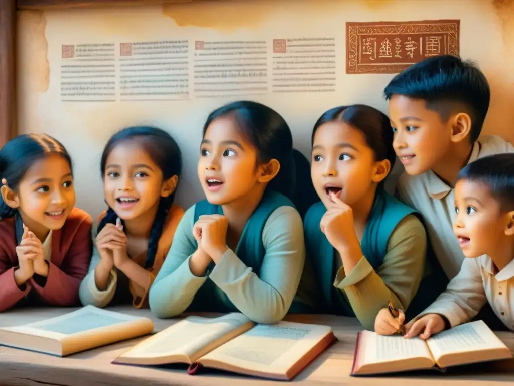 Un grupo de niños diversos inmersos en una lección de idiomas antiguos, rodeados de pergaminos y libros