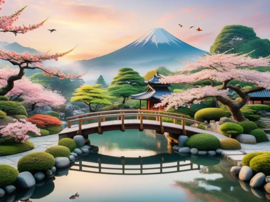 Una hermosa pintura acuarela de un apacible jardín japonés con cerezos en flor y un estanque de koi, bajo un cielo rosado al atardecer