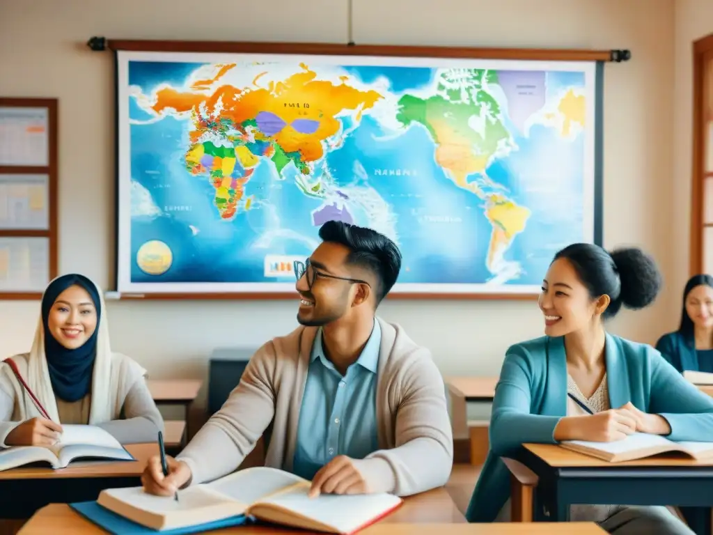 Una hermosa pintura acuarela de estudiantes en clase de idiomas, aprendiendo lenguas menos comunes como Mandarin, Árabe, Suajili e Islandés