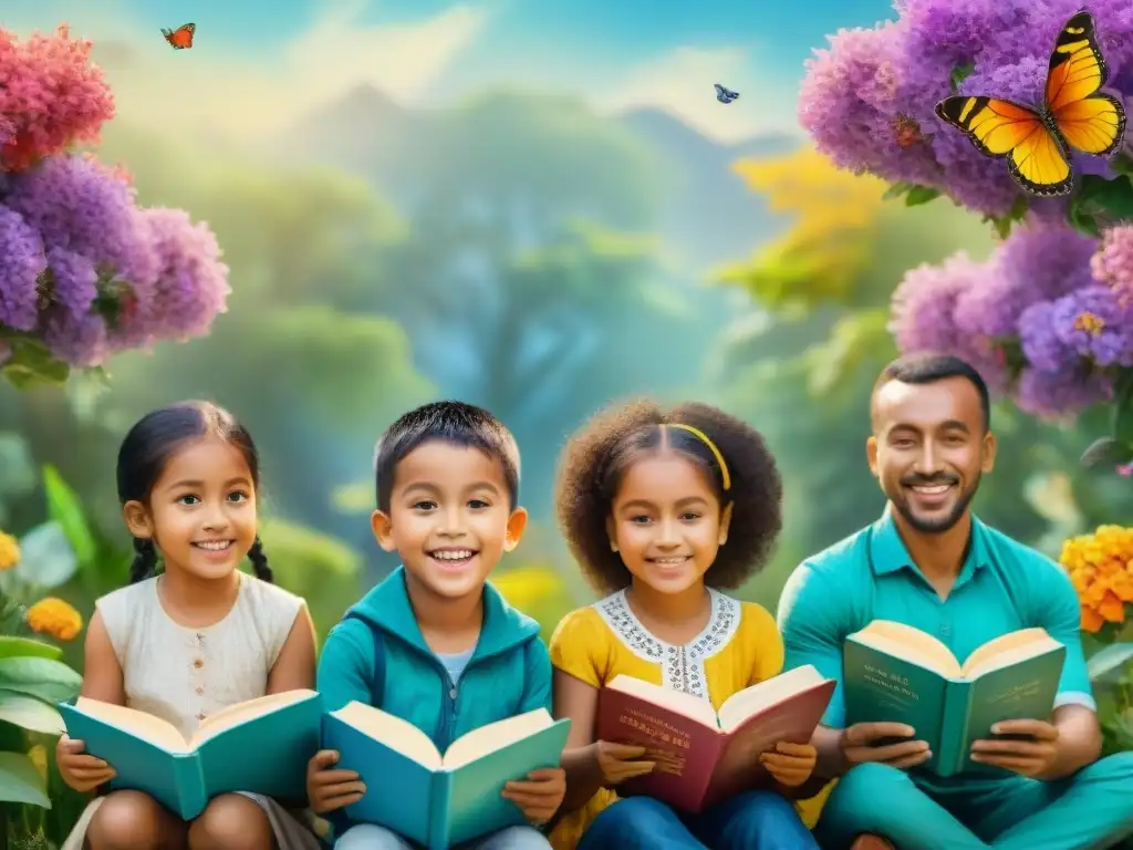 Niños multiculturales disfrutando de la lectura en un jardín vibrante Un hermoso cuadro acuarela muestra niños de diversas etnias leyendo libros en varios idiomas en un jardín vibrante