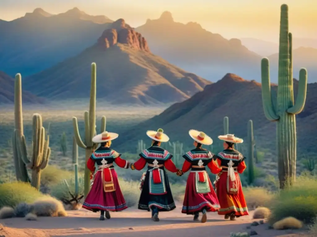 Un hermoso cuadro detallado en acuarela de danzantes Yaqui ejecutando un baile ceremonial al atardecer, resaltando la preservación de la lengua Yaqui