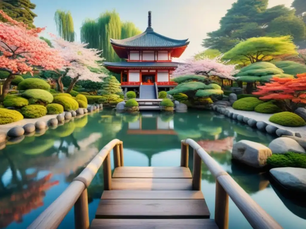 Un hermoso jardín japonés con cerezos en flor, peces koi y una pagoda entre vegetación exuberante