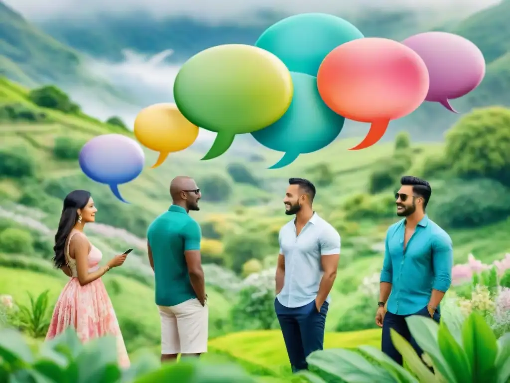 Un hermoso mural acuarela de personas diversas dialogando en sus idiomas, rodeados de naturaleza exuberante