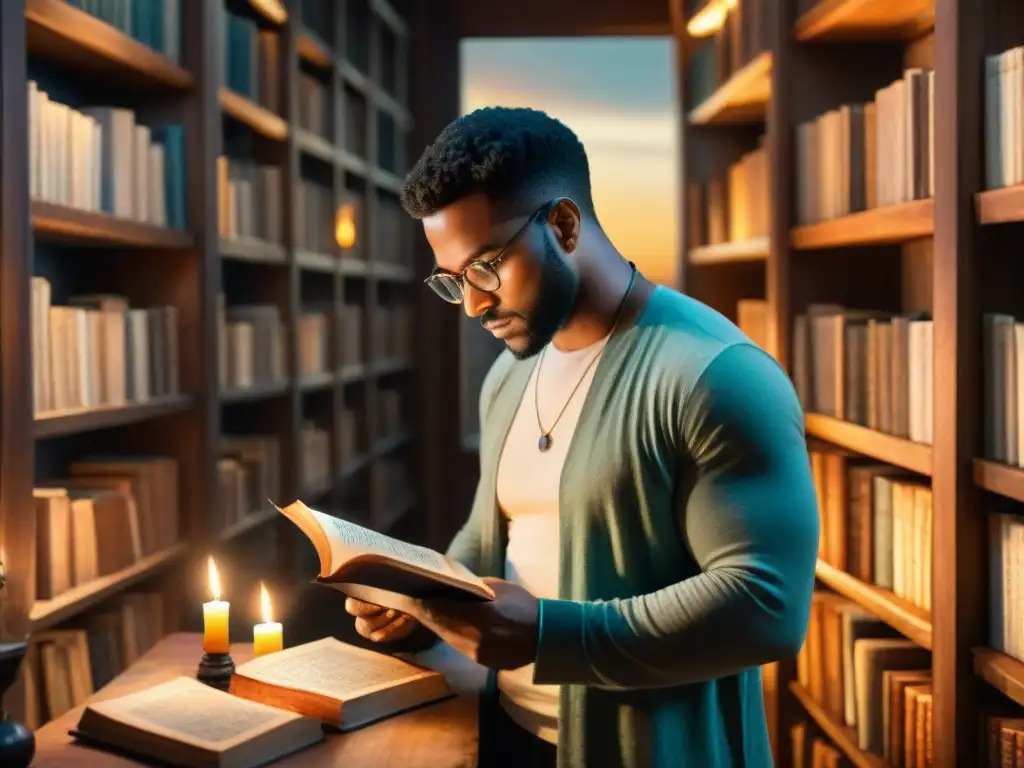 Un historiador examina un manuscrito antiguo bajo luz de vela, rodeado de libros antiguos y sabiduría