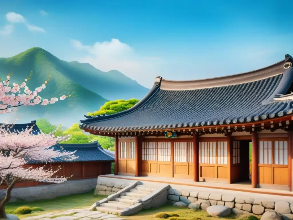 Idílica ilustración acuarela de hanok coreano rodeado de naturaleza, con cerezos en flor