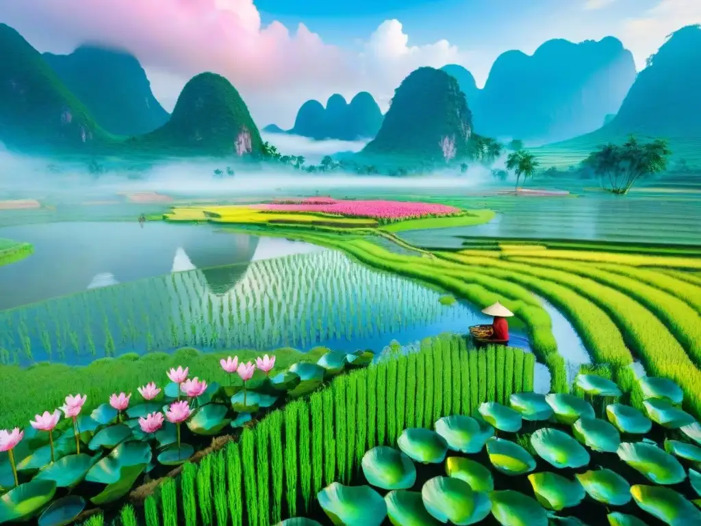 Idílico paisaje vietnamita con granjas de arroz, loto rosa y montañas, ideal para principiantes en Vietnamita fácil