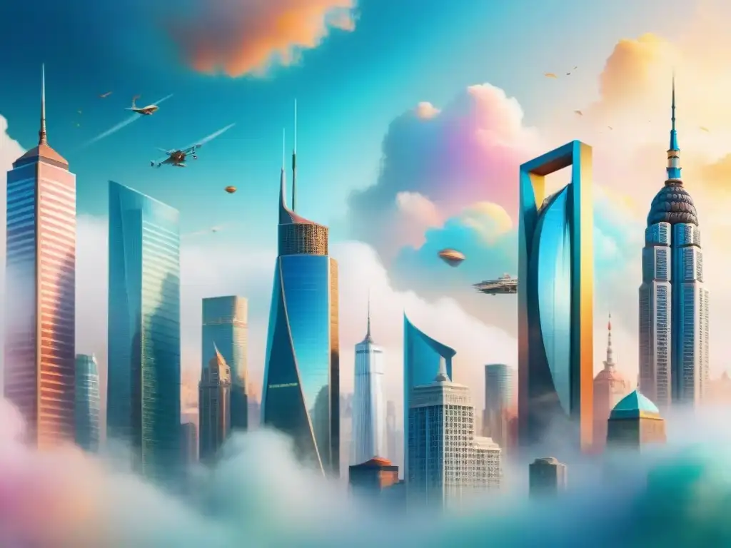 Una ilustración acuarela de una ciudad vibrante con rascacielos futuristas y maravillas arquitectónicas antiguas