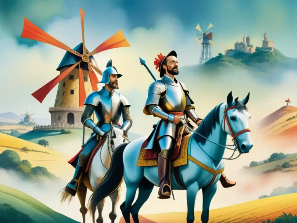 Una ilustración detallada en acuarela de una adaptación de El Quijote en idiomas, mostrando a Don Quijote y Sancho Panza de manera fiel y creativa