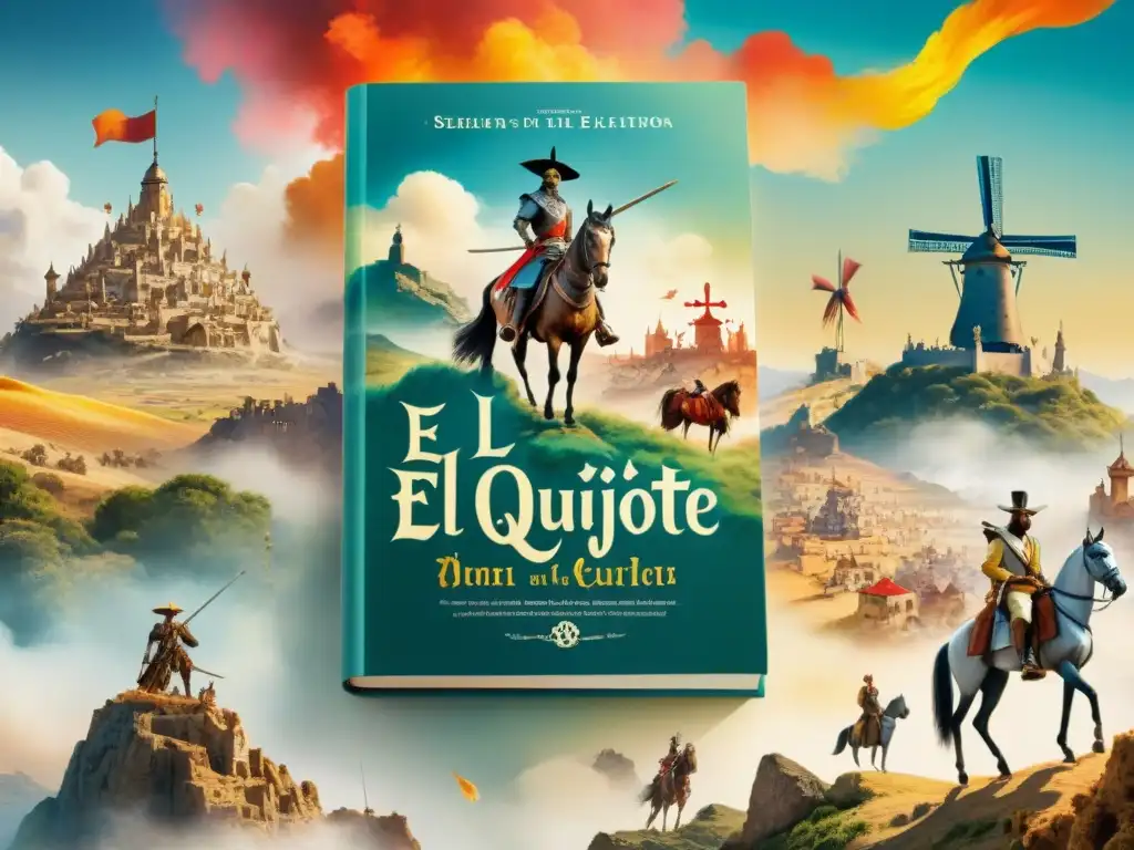 Una ilustración detallada en acuarela de adaptaciones de 'El Quijote' en idiomas, con portadas de libros coloridas y culturales