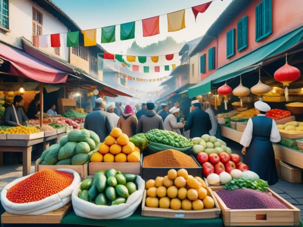 Una ilustración detallada en acuarela de un bullicioso mercado al aire libre, mostrando la conexión entre gastronomía y lenguaje