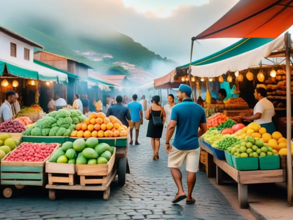 Una ilustración detallada en acuarela de un bullicioso mercado brasileño, mostrando la diversidad del portugués brasileño en piel, ropa y cultura