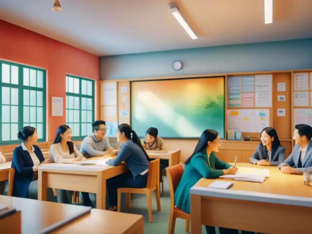 Una ilustración detallada en acuarela de un diverso grupo aprendiendo idiomas en una escuela vibrante y bulliciosa