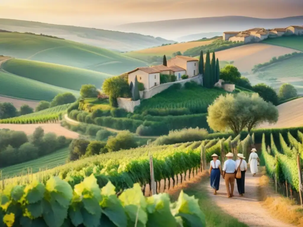 Una ilustración detallada en acuarela de una escena campestre serena en Occitania, con colinas, viñedos y casas de piedra entre exuberante vegetación