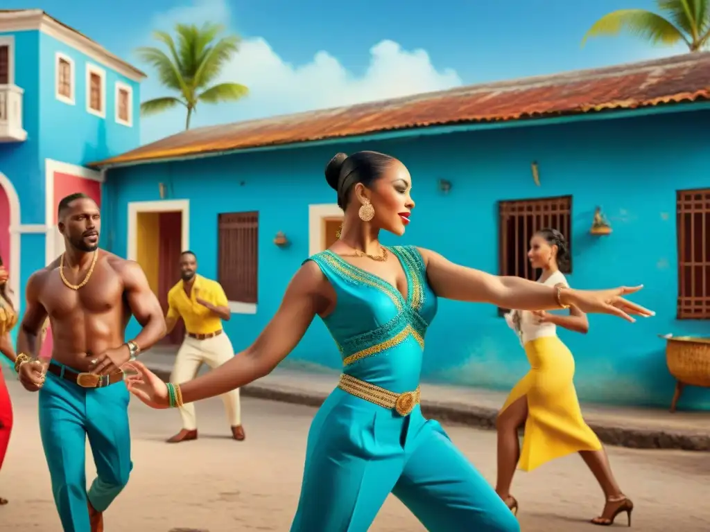 Una ilustración detallada en acuarela que muestra una escena vibrante de baile de salsa en las calles de un colorido pueblo caribeño