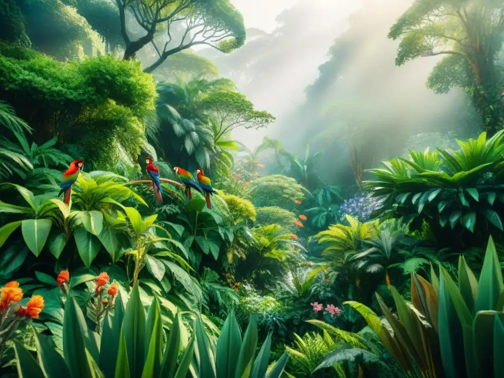 Una ilustración detallada en acuarela de una escena vibrante de la jungla con animales exóticos rodeados de exuberante vegetación y flores