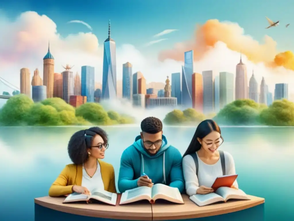 Una ilustración detallada en acuarela de estudiantes diversos concentrados en una plataforma de aprendizaje de idiomas