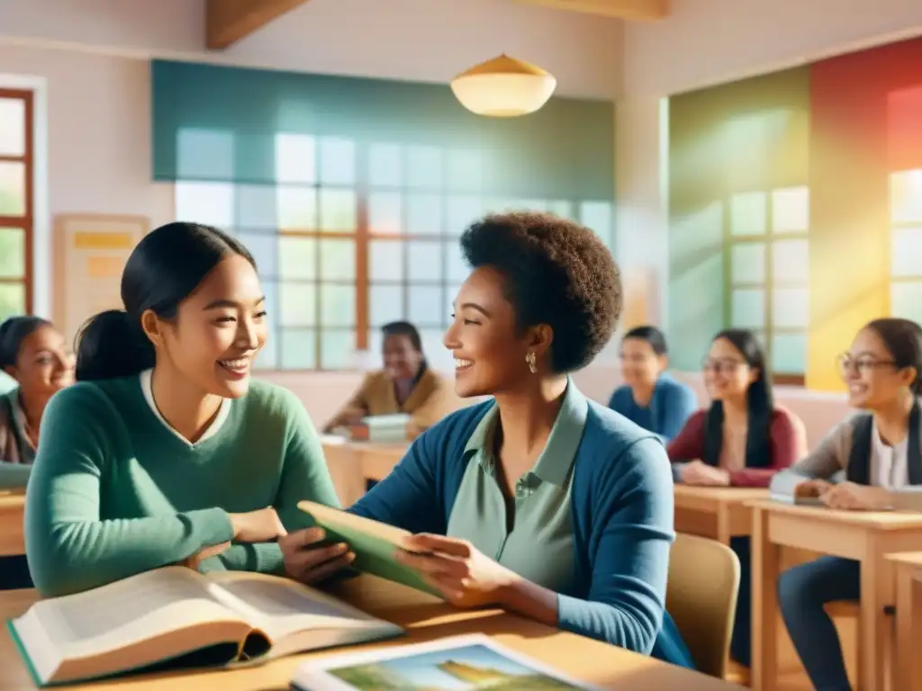 Una ilustración detallada en acuarela de estudiantes variados usando aplicaciones educativas para idiomas innovadoras en un aula vibrante y acogedora