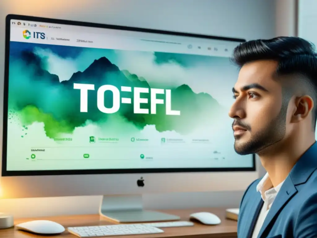 Una ilustración detallada en acuarela compara los exámenes TOEFL e IELTS: modernidad vs tradición