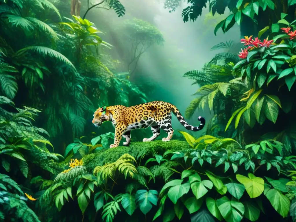 Una ilustración detallada acuarela de la exuberante selva con aves tropicales, jaguar y flora colorida