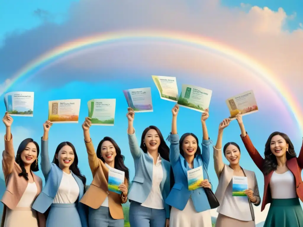 Una ilustración detallada en acuarela de un grupo diverso de personas celebrando con diplomas bajo un arco iris vibrante