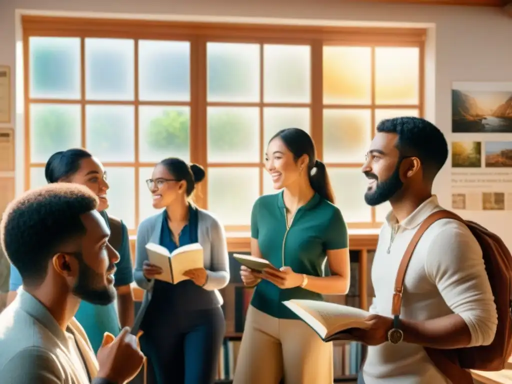 Una ilustración detallada en acuarela de un grupo diverso de estudiantes de diferentes orígenes culturales participando en una animada discusión en un aula llena de libros, globos terráqueos y carteles de idiomas