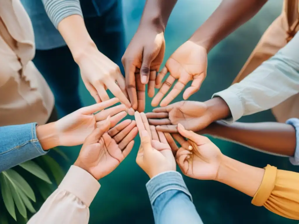 Una ilustración detallada en acuarela de un grupo diverso de personas de diferentes culturas comunicándose con gestos, resaltando la Importancia de la comunicación no verbal cultural