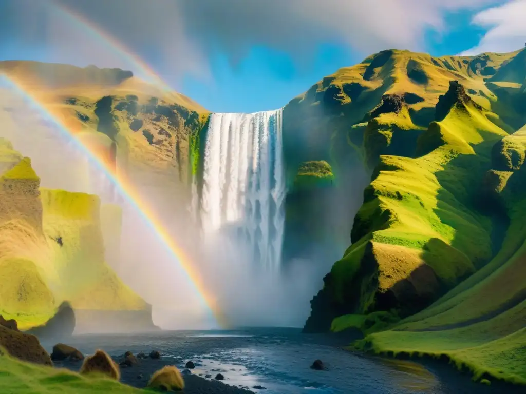 Una ilustración detallada en acuarela de la icónica cascada Skogafoss en Islandia, con colores vibrantes y una riqueza lingüística islandesa tradición