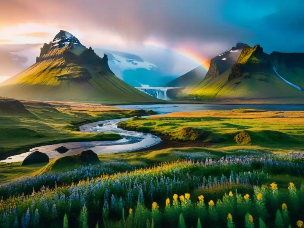 Una ilustración detallada en acuarela de la impresionante paisaje islandés, capturando la riqueza lingüística islandesa tradición en un escenario de glaciares, cascadas y campos de flores silvestres bajo la aurora boreal