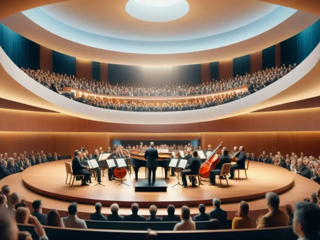 Una ilustración detallada en acuarela 8k de una orquesta políglota en un concierto multilingüe