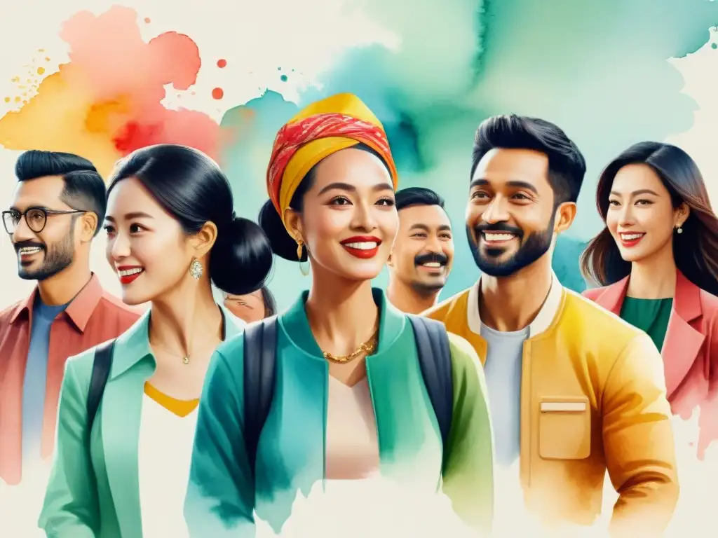 Una ilustración detallada en acuarela de personas de diferentes culturas hablando en distintos dialectos