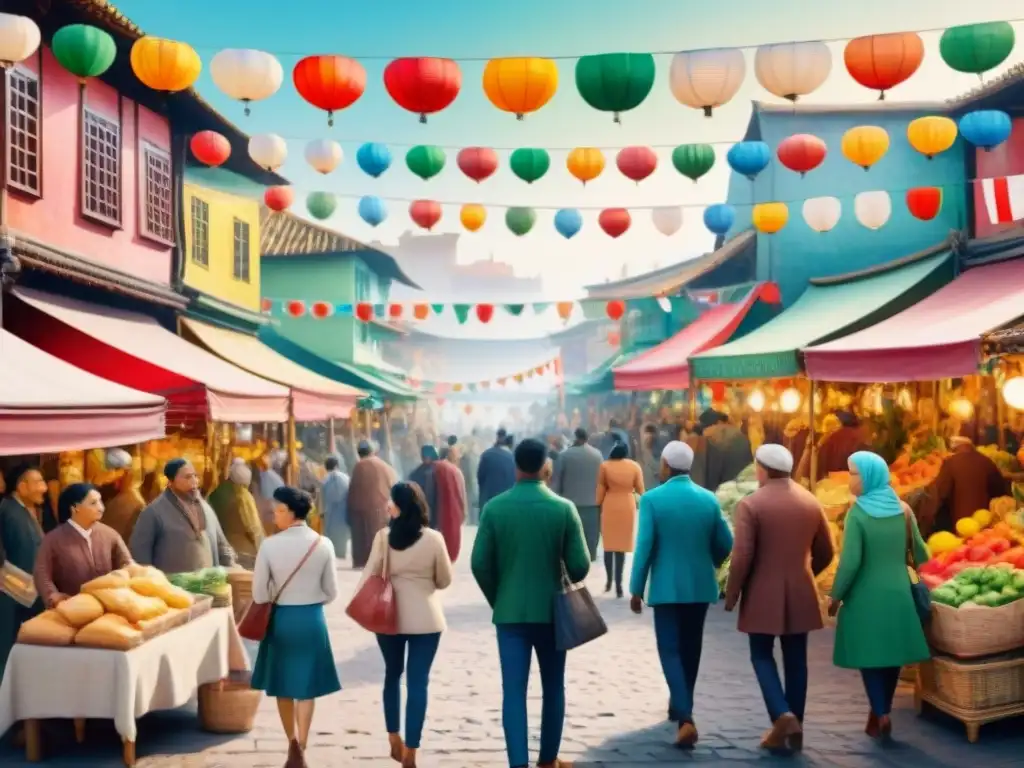 Una ilustración detallada en acuarela muestra la riqueza cultural y la interconexión de lenguas y dialectos en un bullicioso mercado multicultural