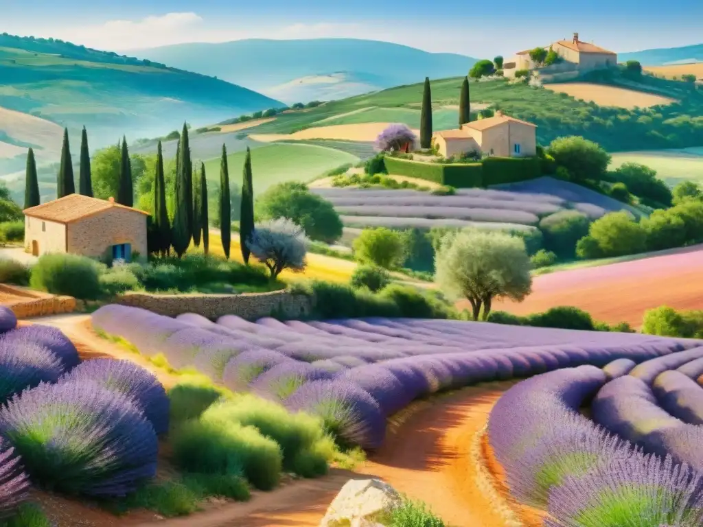 Una ilustración detallada en acuarela de un sereno paisaje provenzal, con campos de lavanda, granjas de piedra y un arroyo