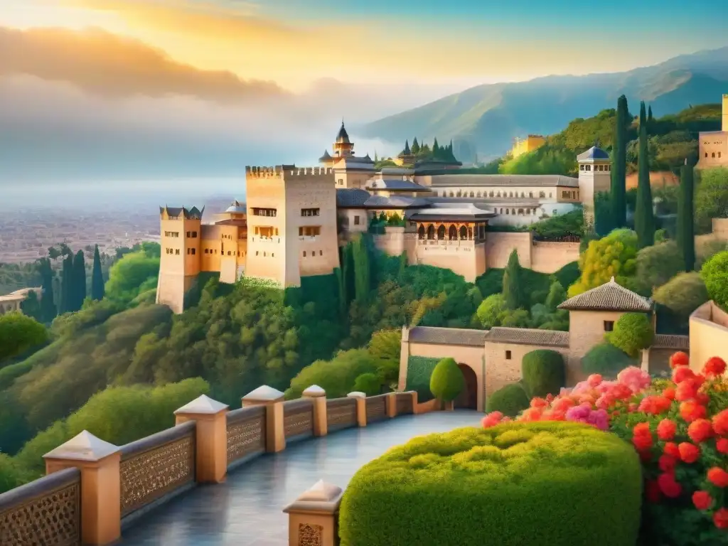 Una ilustración acuarela detallada de la Alhambra con decoraciones festivas para el Festival de Música y Danza