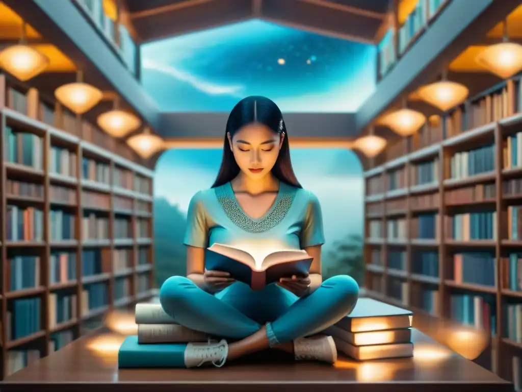 Una ilustración acuarela detallada de una biblioteca futurista con libros flotantes brillando con símbolos de inteligencia artificial