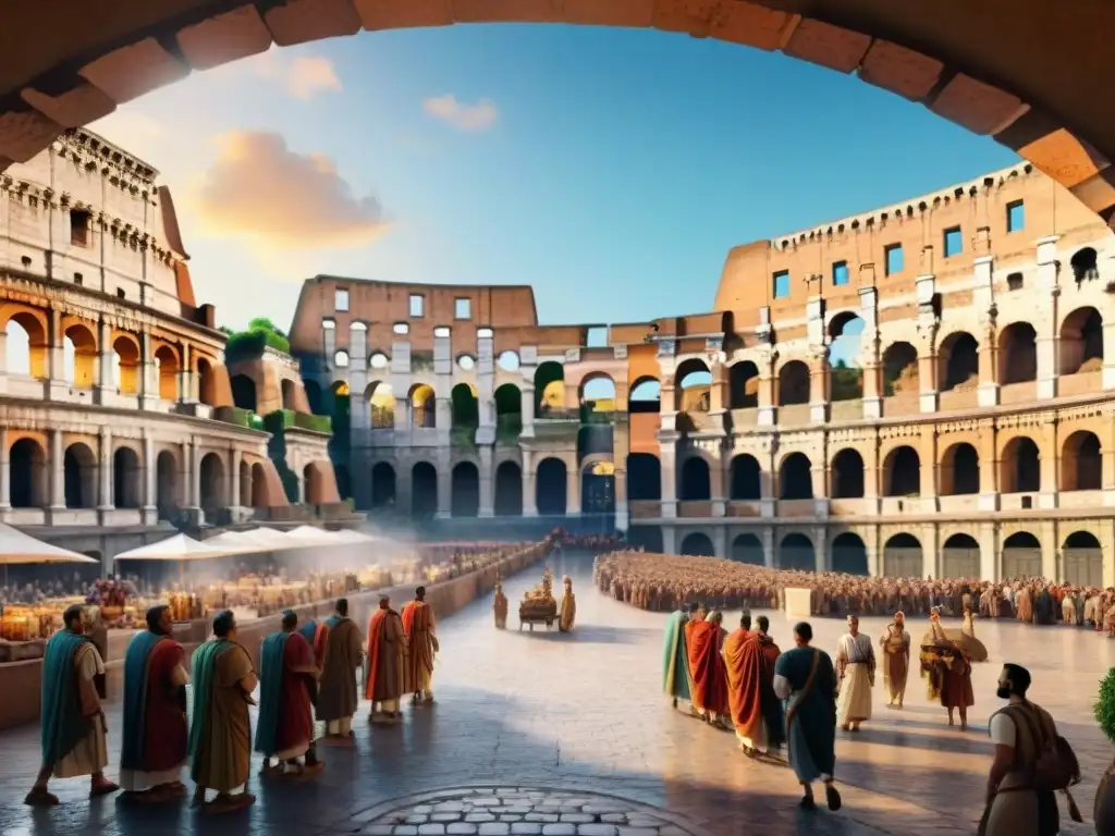 Una ilustración acuarela detallada de un bullicioso mercado en la antigua Roma, con el Coliseo al fondo al atardecer