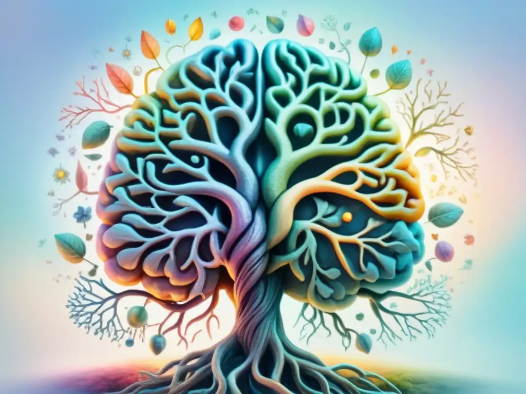 Una ilustración acuarela detallada de un cerebro humano vibrante con conexiones neuronales coloridas que se ramifican como raíces de árbol, rodeado de símbolos y caracteres de diferentes idiomas flotando en un fondo abstracto de tonos pastel