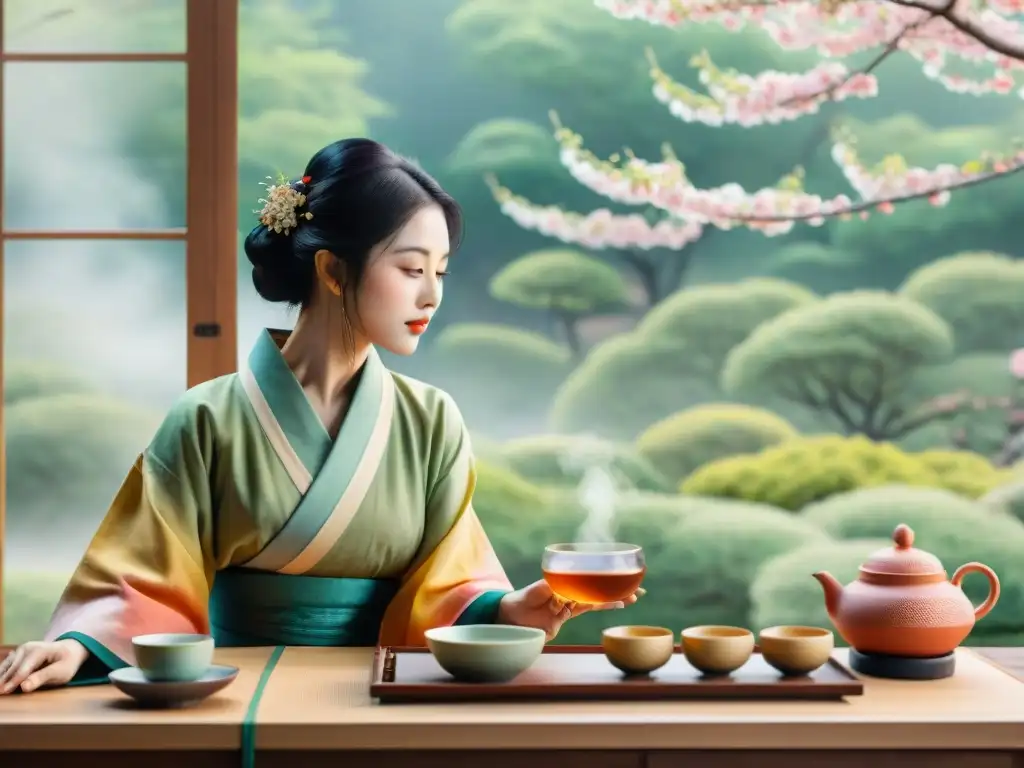 Una ilustración detallada de una ceremonia del té japonesa y coreana, resaltando la historia de préstamos lingüísticos japonés-coreano en acuarela