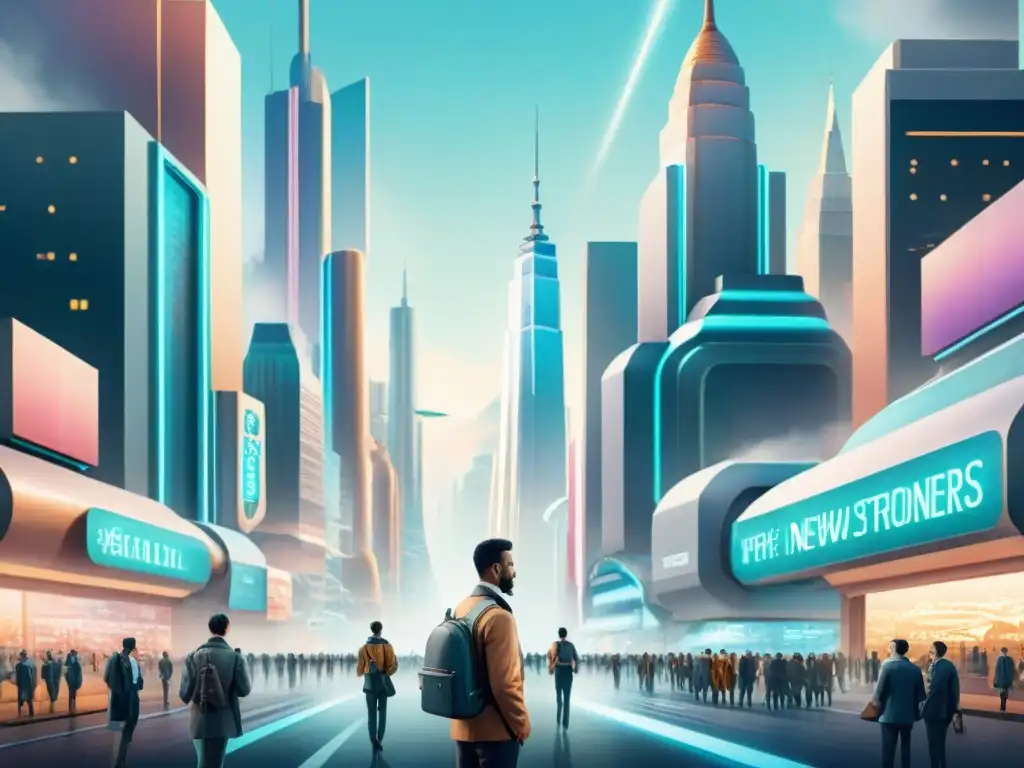 Una ilustración acuarela detallada de una ciudad futurista donde la comunicación multilingüe se entrelaza con la tecnología avanzada