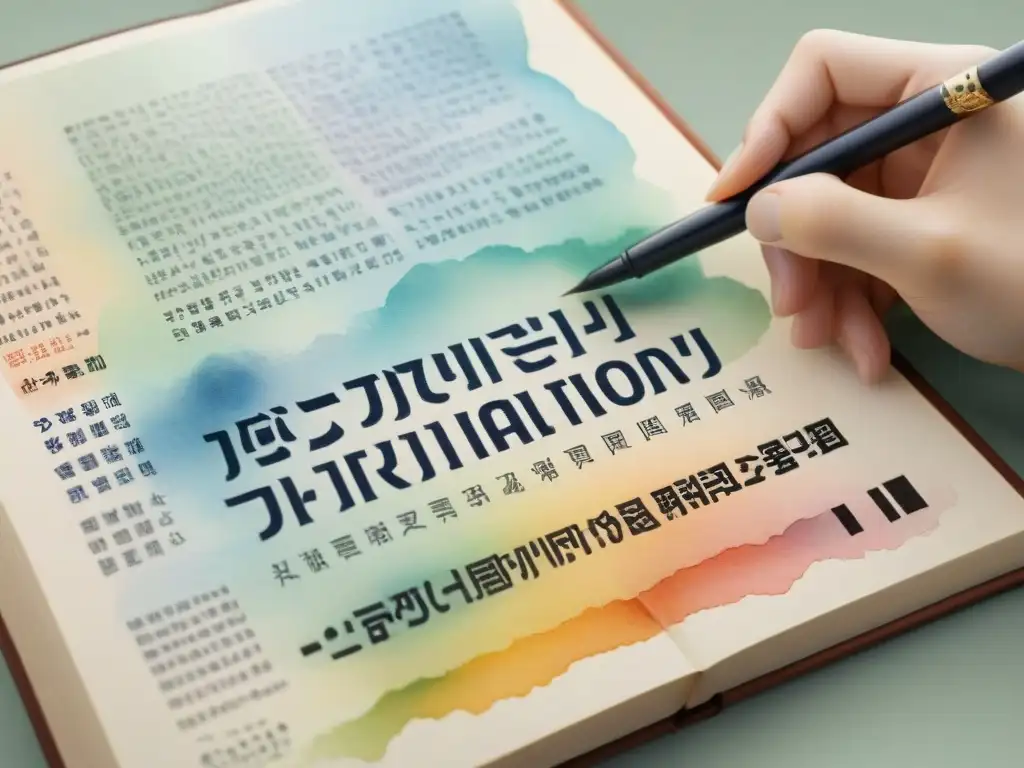 Una ilustración acuarela detallada de un diccionario bilingüe japonés-coreano, mostrando caracteres complejos kanji y hangul entrelazados