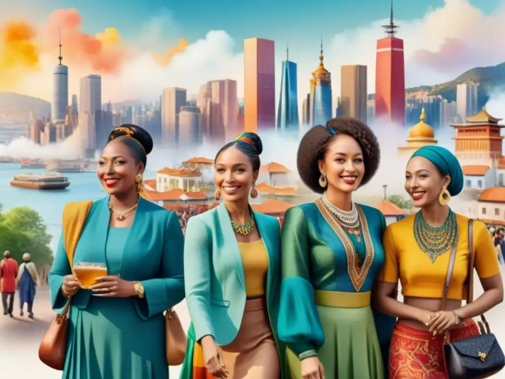 Una ilustración acuarela detallada de una diversa comunidad en diáspora, celebrando la diversidad lingüística y cultural