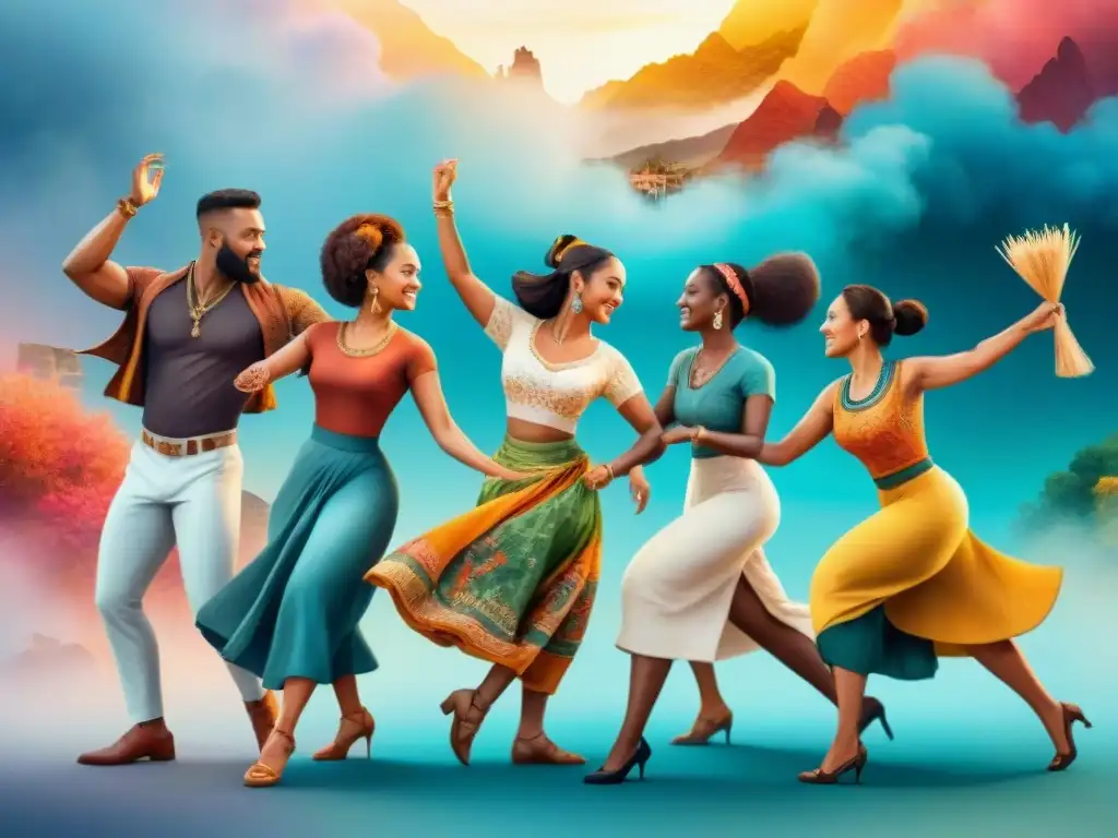 Una ilustración acuarela detallada que muestra diversidad cultural en actividades como baile y cocina, con monumentos globales