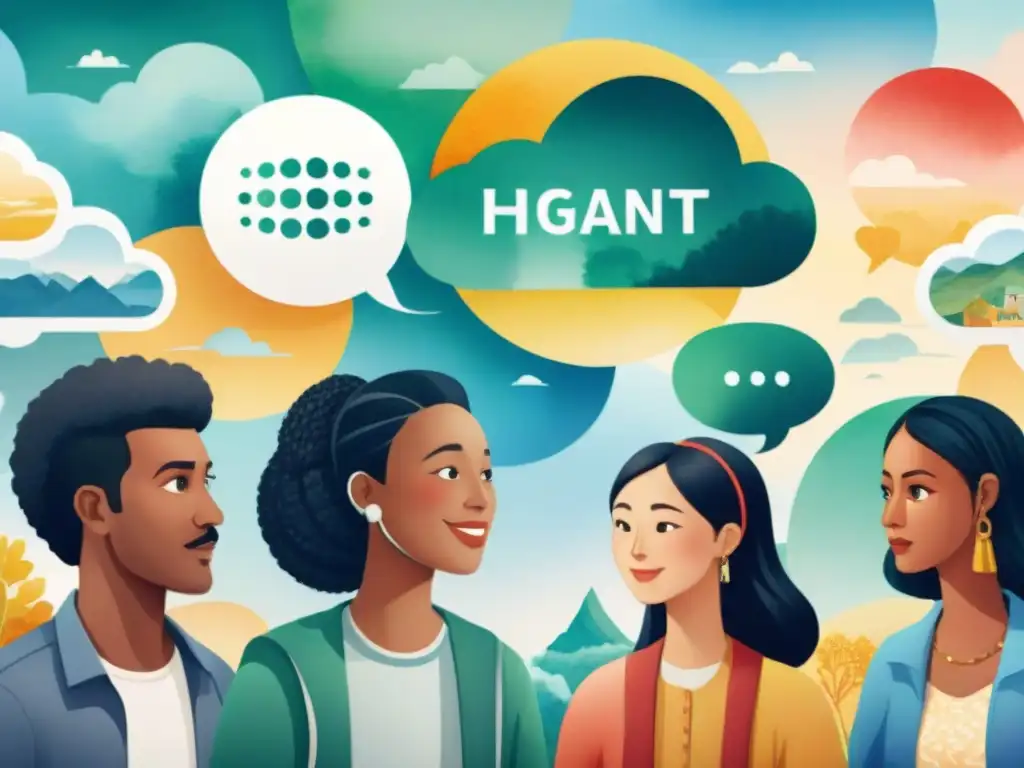Una ilustración acuarela detallada de diversidad cultural y lingüística, con personas de diferentes orígenes preservando idiomas en peligro