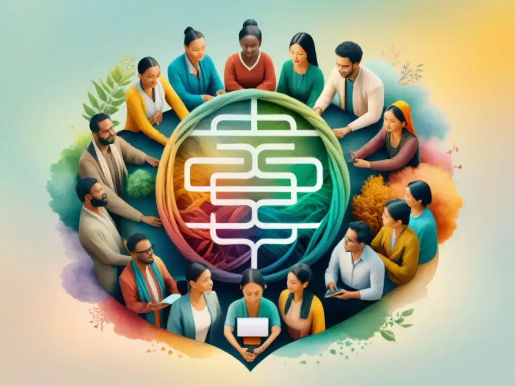 Una ilustración acuarela detallada de diversidad cultural en proyecto de preservación lingüística