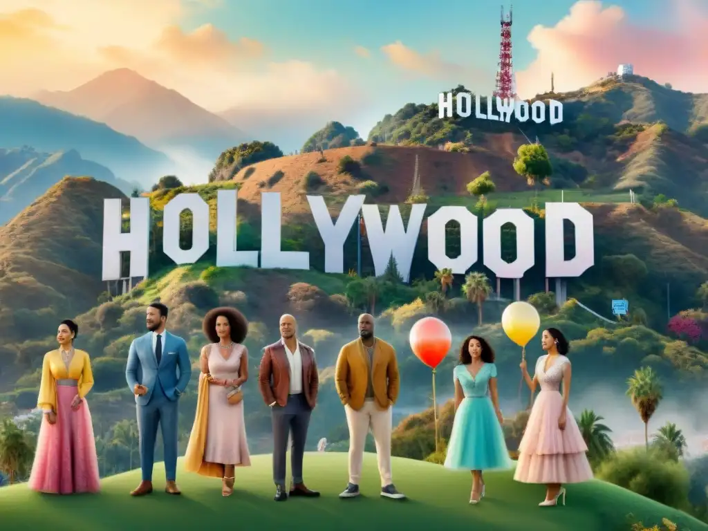 Una ilustración acuarela detallada que muestra diversidad lingüística en Hollywood, gente de diferentes culturas y lenguajes junto al icónico letrero