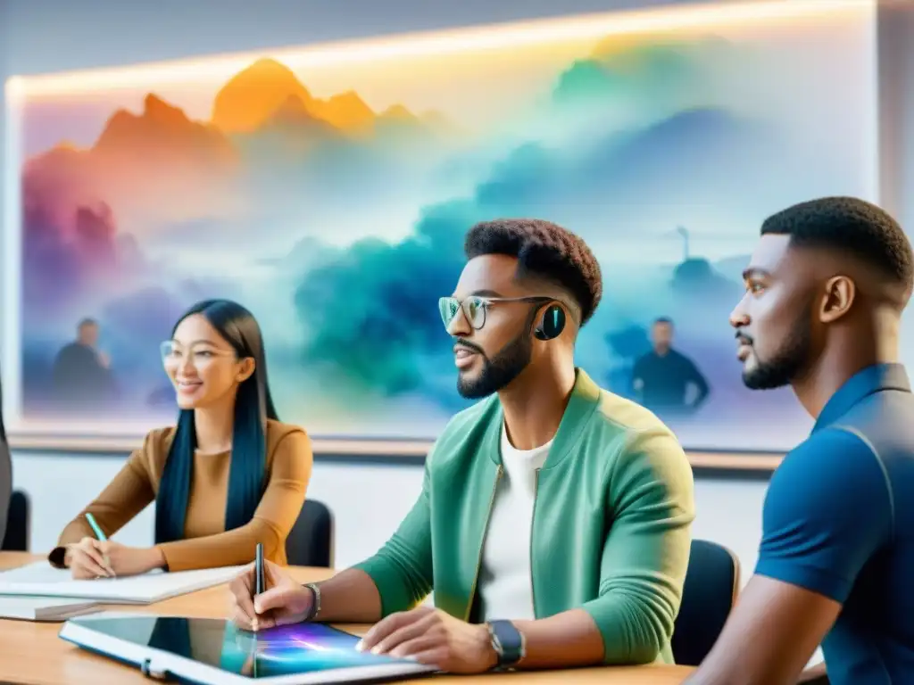 Clase de idiomas del futuro: innovación y diversidad Una ilustración acuarela detallada de estudiantes diversos aprendiendo idiomas con tecnología holográfica futurista en un aula moderna